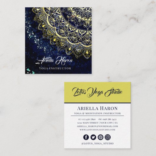 ブルーエレガント&金ゴールドマンダラアートヨガインストラクター スクエア名刺 (正面/裏面)
