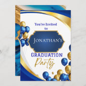 ブルーエレガント&金ゴールド卒業パーティー招待状 招待状 (正面/裏面)