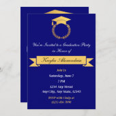 ブルーエレガント&金ゴールド卒業招待状 招待状 (正面/裏面)