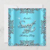 ブルーエレガントSweet sixteen16誕生日パーティー 招待状 (正面)