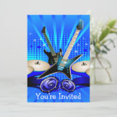 ブルーエレクトリックギター、ドラム、スピーカーのグラッドパーティー 招待状 (スタンド正面)