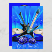 ブルーエレクトリックギター、ドラム、スピーカーのグラッドパーティー 招待状 (正面/裏面)