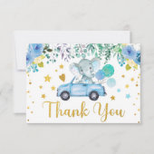 ブルーエレファントがベビーシャワーカーを走る サンキューカード (正面)