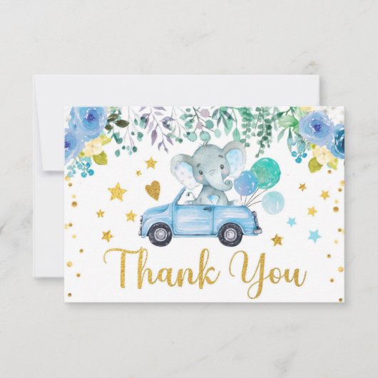 ブルーエレファントがベビーシャワーカーを走る サンキューカード (正面)