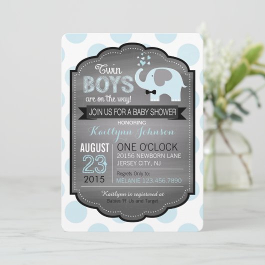 ブルーエレファントとボウタイベビーシャワー招待状 招待状 (スタンド正面)