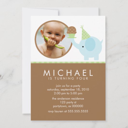 ブルーエレファントアンドカップケーキ誕生日 招待状 (正面)