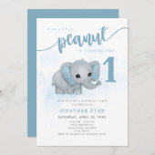 ブルーエレファントウアーリトルピーナッツファースト誕生日 招待状 (正面/裏面)