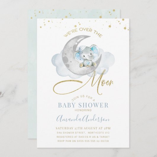 ブルーエレファントオーバーザムーンベイビーシャワー招待状 招待状 (正面/裏面)