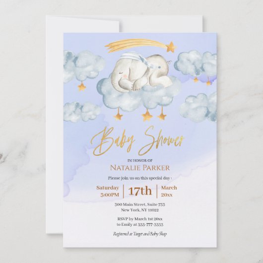 ブルーエレファントキラキラ小さな星の男の子の赤ちゃんシャワー 招待状 (正面)