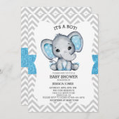 ブルーエレファントグリッターシェブロンベイビーシャワー 招待状 (正面/裏面)