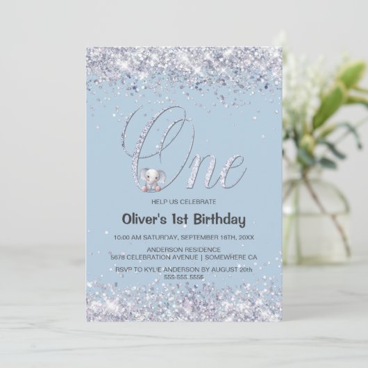 ブルーエレファントグリッター1st誕生日パーティー 招待状 (スタンド正面)