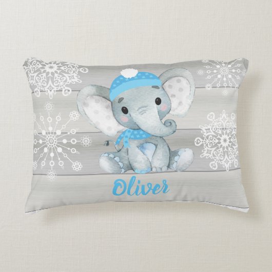 ブルーエレファントスノーフレークグレー名前をカスタムする枕 アクセントクッション (正面)
