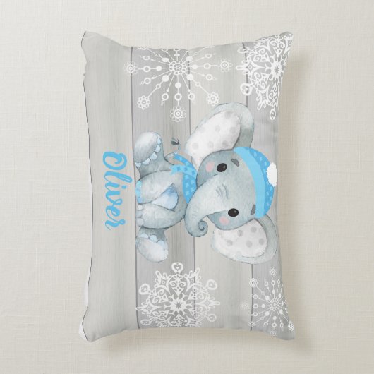 ブルーエレファントスノーフレークグレー名前をカスタムする枕 アクセントクッション (正面(垂直))