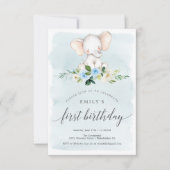 ブルーエレファントファースト誕生日招待状カード 招待状 (正面)