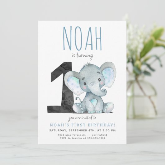 ブルーエレファントファースト誕生日招待状 招待状 (スタンド正面)