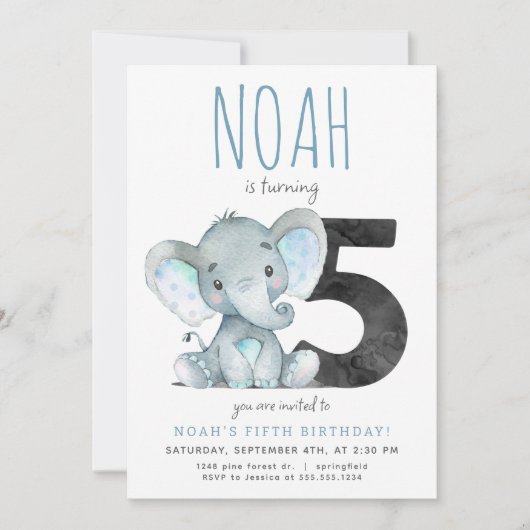 ブルーエレファントフィフス誕生日招待状 招待状 (正面)