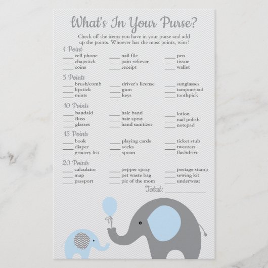 ブルーエレファントベビーシャワーあなたの財布の中にあるものを チラシ (正面)