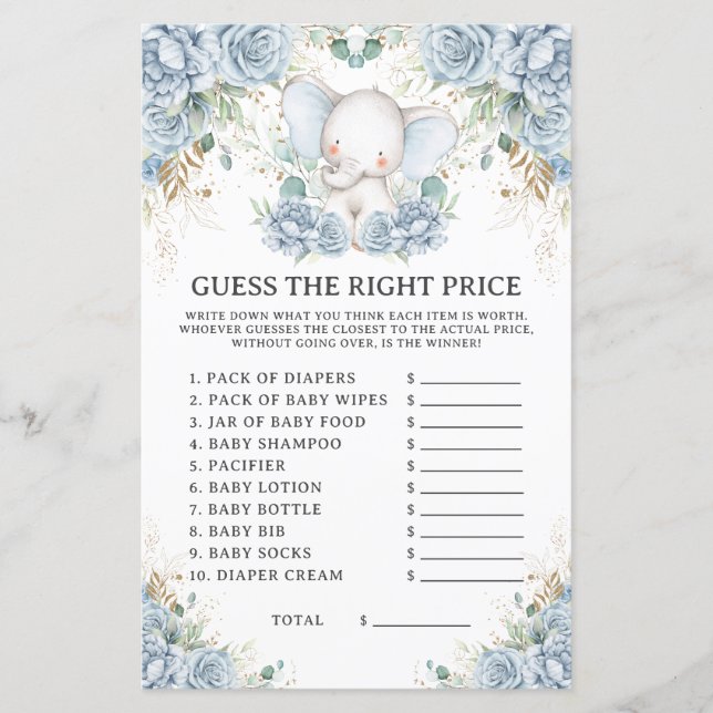 ブルーエレファントベビーシャワーの正解価格当てゲーム (正面)