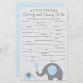 ブルーエレファントベビーシャワーアドバイスゲームカード (正面/裏面)