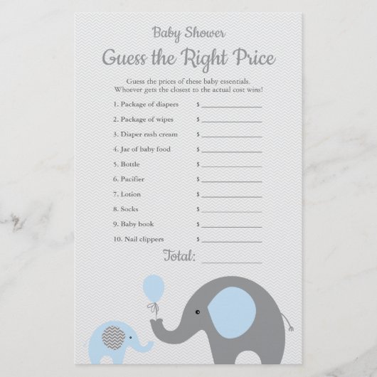 ブルーエレファントベビーシャワー価格は正しいゲーム チラシ (正面)