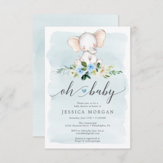 ブルーエレファントベビーシャワー招待状カード 招待状 (正面/裏面)