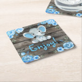 ブルーエレファントベビーシャワー招待、素朴な少年 スクエアペーパーコースター (アングル)
