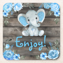 ブルーエレファントベビーシャワー招待、素朴な少年 スクエアペーパーコースター