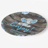 ブルーエレファントベビーシャワー招待、素朴な少年 ペーパープレート (アングル)