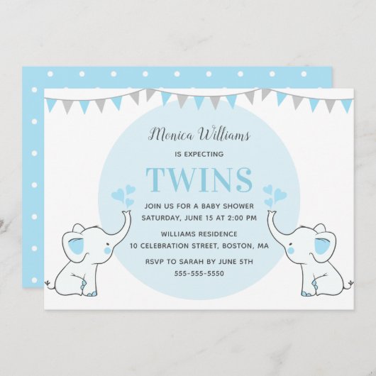 ブルーエレファントベビーシャワー |双子の赤ちゃんシャワー 招待状 (正面/裏面)
