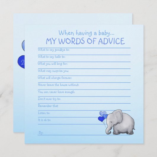 ブルーエレファントベビージャーシャワー語のアドバイスのためのベビー アドバイスカード (正面/裏面)