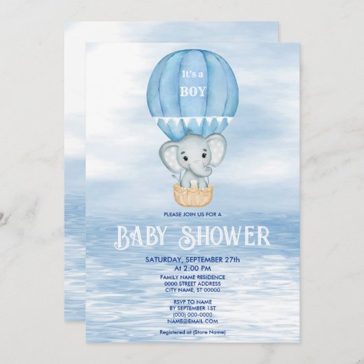 ブルーエレファントホットエアバルーン赤ちゃんシャワー 招待状 (正面/裏面)