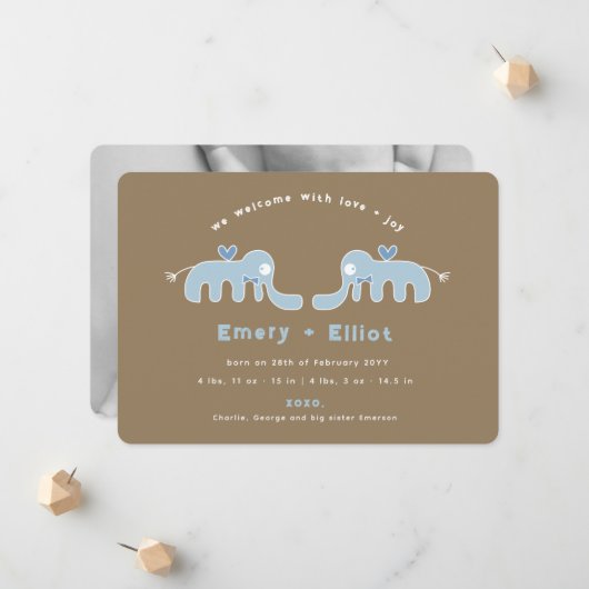 ブルーエレファントボウタイ男の赤ちゃん誕生のお知らせ 案内状 (正面/裏面インサイチュ)