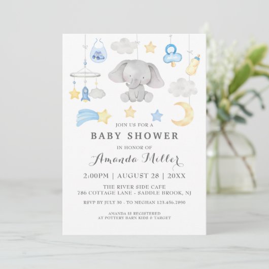 ブルーエレファントボーイベビーおもちゃベビーシャワー水彩 招待状 (スタンド正面)
