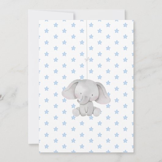 ブルーエレファントボーイベビーおもちゃベビーシャワー水彩 招待状 (裏面)