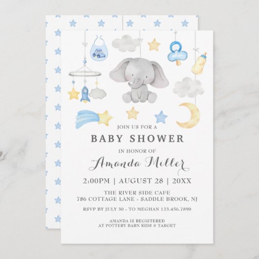 ブルーエレファントボーイベビーおもちゃベビーシャワー水彩 招待状 (正面/裏面)