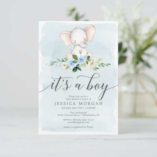 ブルーエレファントボーイ赤ちゃんシャワー招待状カード 招待状 (スタンド正面)