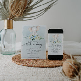 ブルーエレファントボーイ赤ちゃんシャワー招待状カード 招待状