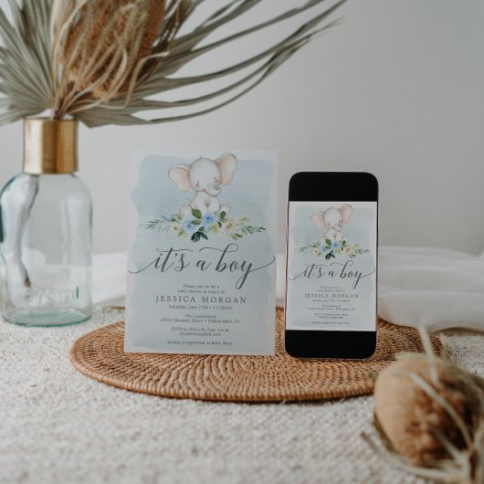 ブルーエレファントボーイ赤ちゃんシャワー招待状カード 招待状