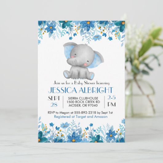 ブルーエレファントボーイ赤ちゃんシャワー散水 招待状 (スタンド正面)