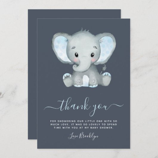 ブルーエレファントボーイ赤ちゃんシャワー サンキューカード (正面/裏面)