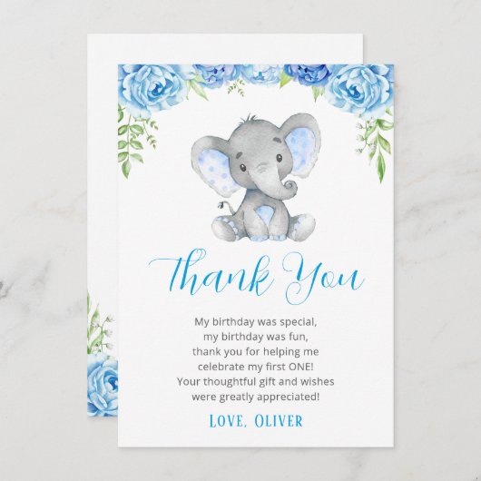 ブルーエレファントボーイ1st最初の誕生日リトルピーナッツ サンキューカード (正面/裏面)