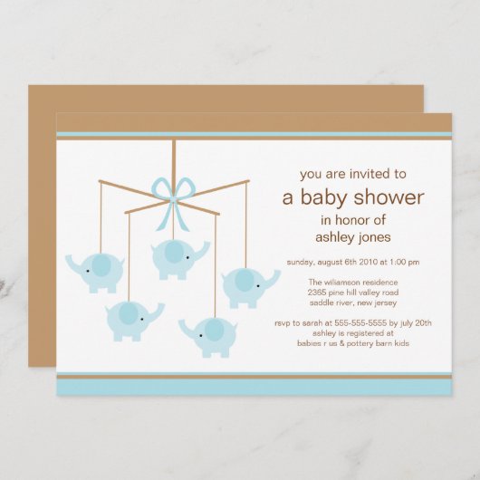 ブルーエレファントモバイルボーイベビーシャワー招待状 招待状 (正面/裏面)