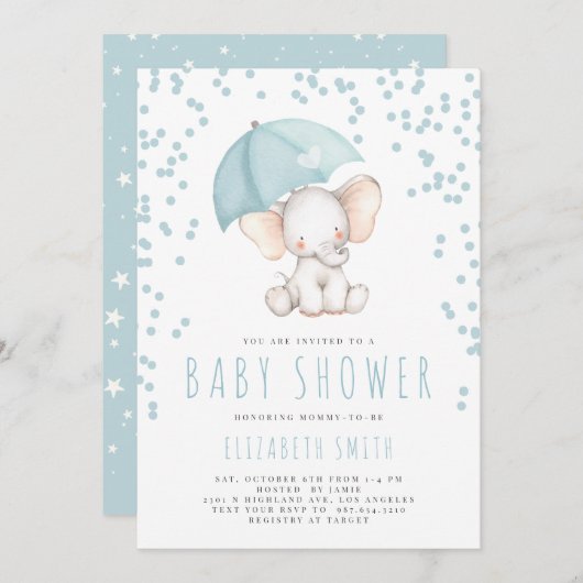 ブルーエレファントレインスプリンクルボーイ赤ちゃんシャワー 招待状 (正面/裏面)