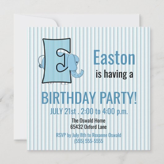 ブルーエレファントレターE子供の誕生日パーティー 招待状 (裏面)