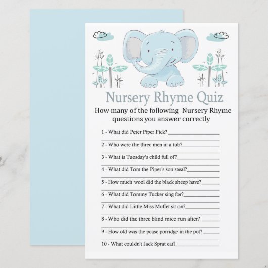 ブルーエレファント子供部屋ライムクイズ赤ちゃんシャワーゲーム (正面/裏面)