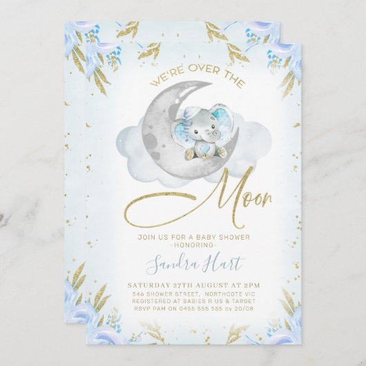ブルーエレファント我々は月の赤ん坊のシャワー上にある 招待状 (正面/裏面)