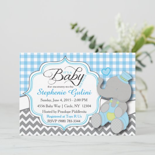 ブルーエレファント男の赤ちゃんシャワー招待状 招待状 (スタンド正面)