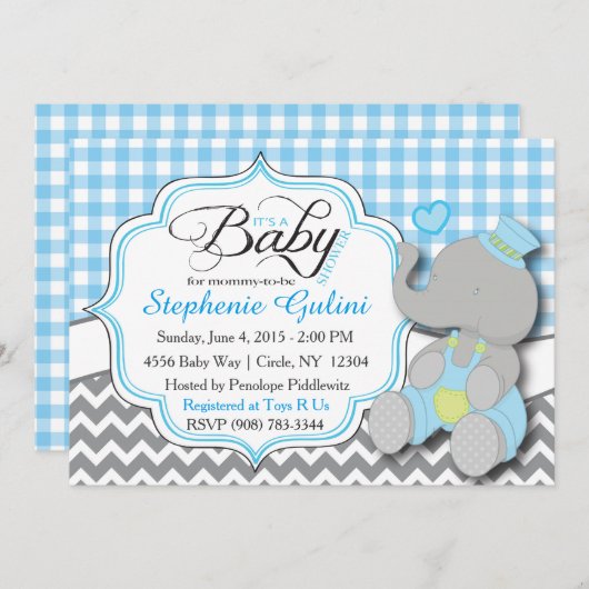 ブルーエレファント男の赤ちゃんシャワー招待状 招待状 (正面/裏面)