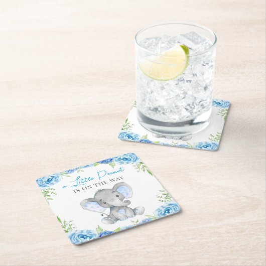 ブルーエレファント男の赤ちゃんシャワー散水誕生日 スクエアペーパーコースター (インサイチュ)