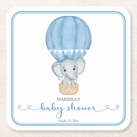 ブルーエレファント男の赤ちゃんシャワー スクエアペーパーコースター (正面)